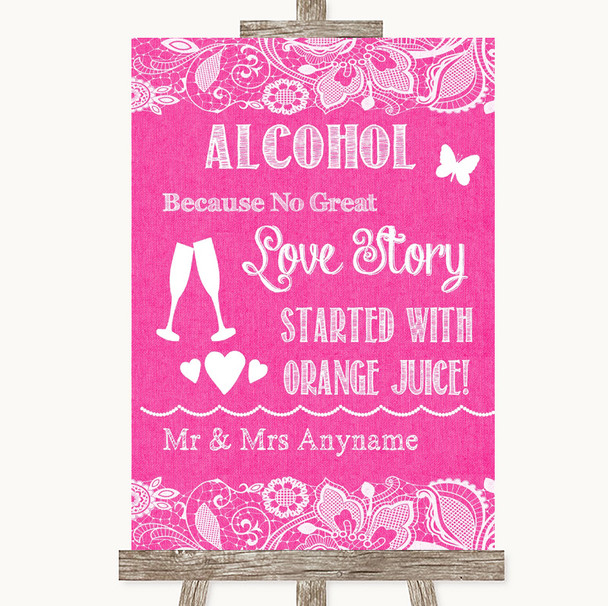 Bright Pink Burlap & Lace Alcohol Bar Love Story Personalized Wedding Sign