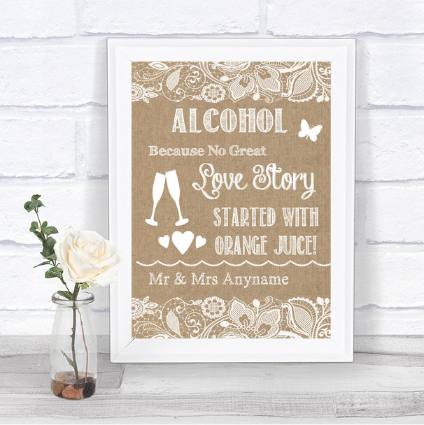 Burlap & Lace Alcohol Bar Love Story Personalized Wedding Sign