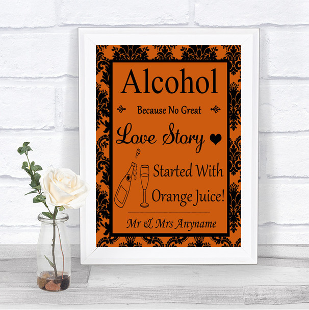 Burnt Orange Damask Alcohol Bar Love Story Personalized Wedding Sign