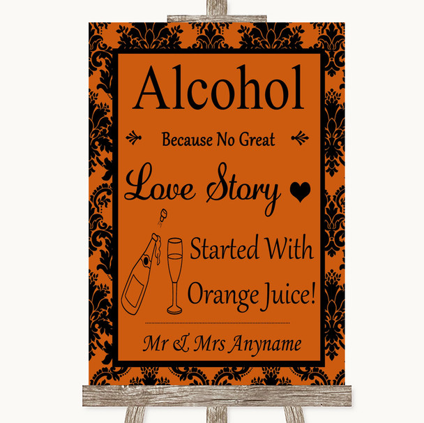 Burnt Orange Damask Alcohol Bar Love Story Personalized Wedding Sign