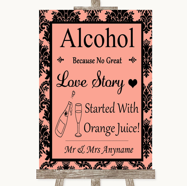 Coral Damask Alcohol Bar Love Story Personalized Wedding Sign