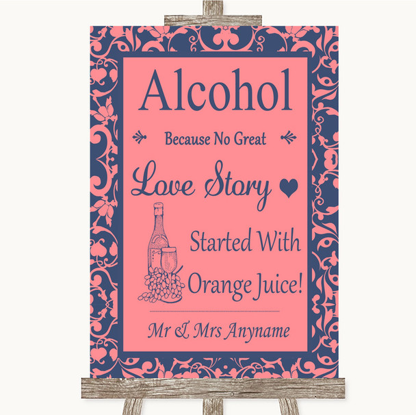 Coral Pink & Blue Alcohol Bar Love Story Personalized Wedding Sign