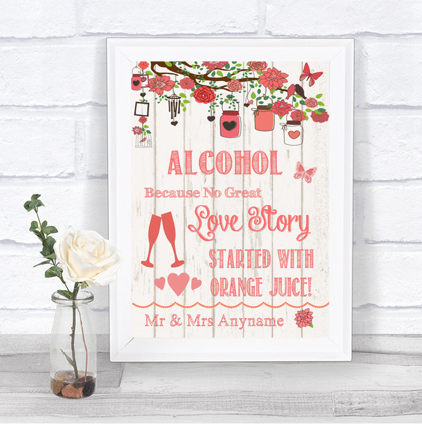 Coral Rustic Wood Alcohol Bar Love Story Personalized Wedding Sign