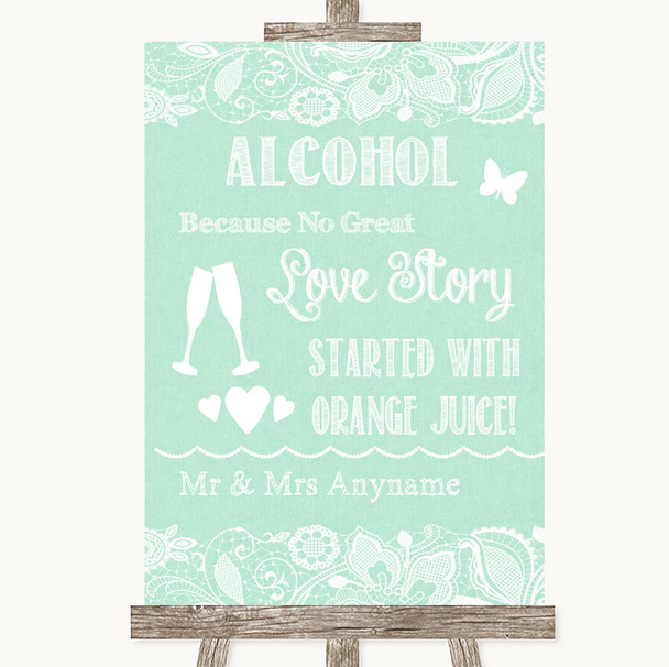 Green Burlap & Lace Alcohol Bar Love Story Personalized Wedding Sign