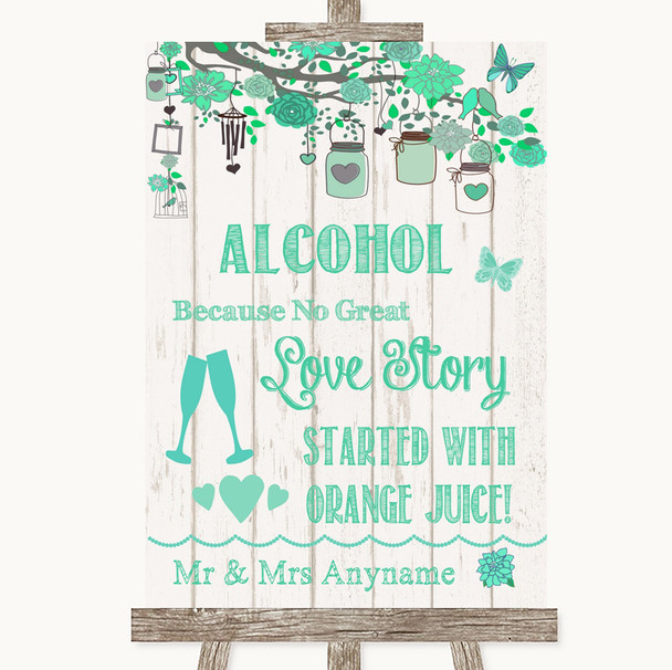 Green Rustic Wood Alcohol Bar Love Story Personalized Wedding Sign