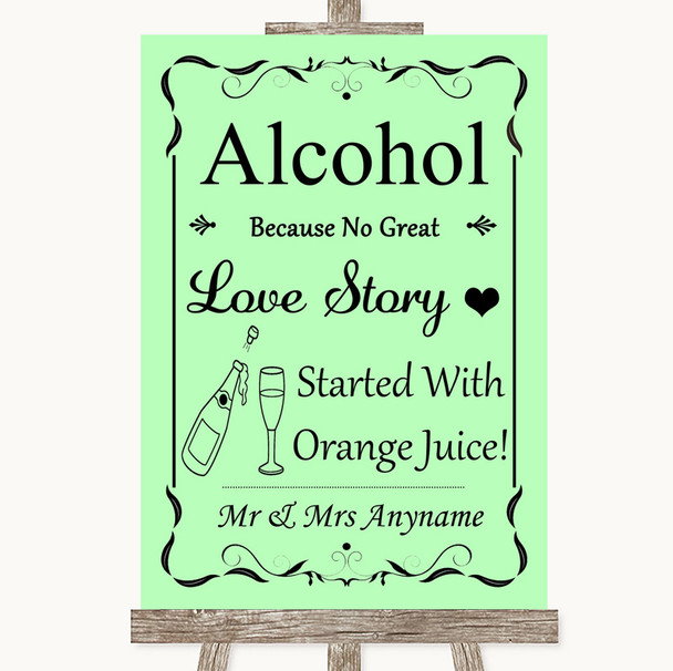 Green Alcohol Bar Love Story Personalized Wedding Sign