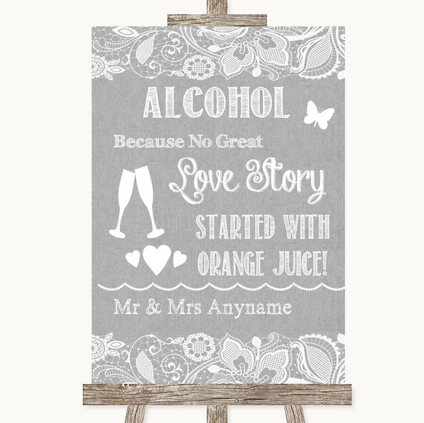 Grey Burlap & Lace Alcohol Bar Love Story Personalized Wedding Sign