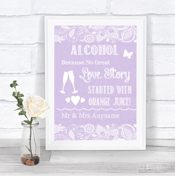 Lilac Burlap & Lace Alcohol Bar Love Story Personalized Wedding Sign
