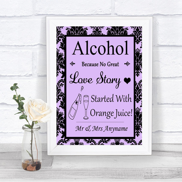 Lilac Damask Alcohol Bar Love Story Personalized Wedding Sign