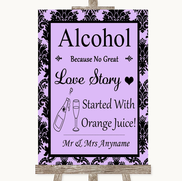 Lilac Damask Alcohol Bar Love Story Personalized Wedding Sign