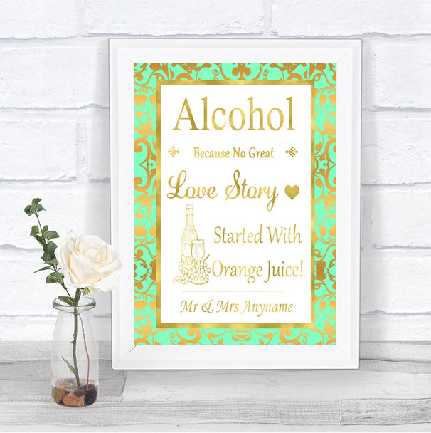 Mint Green & Gold Alcohol Bar Love Story Personalized Wedding Sign