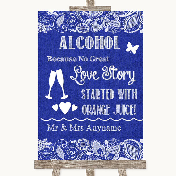 Navy Blue Burlap & Lace Alcohol Bar Love Story Personalized Wedding Sign