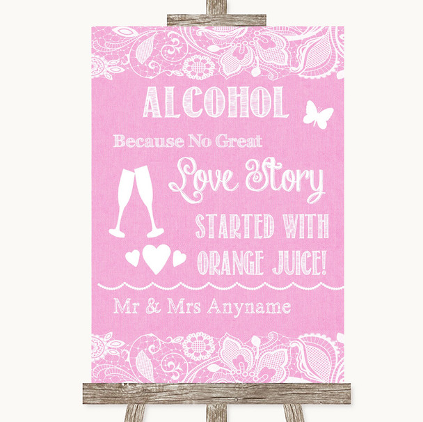 Pink Burlap & Lace Alcohol Bar Love Story Personalized Wedding Sign