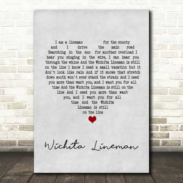 Glen Campbell Wichita Lineman Grey Heart Song Lyric Print