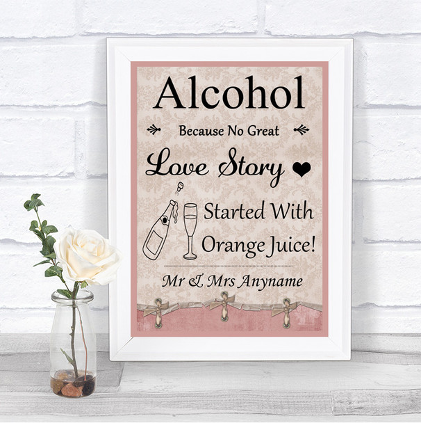 Pink Shabby Chic Alcohol Bar Love Story Personalized Wedding Sign