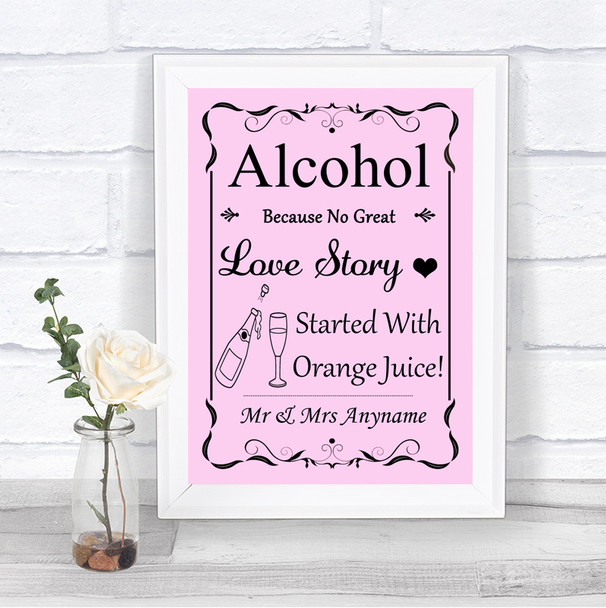 Pink Alcohol Bar Love Story Personalized Wedding Sign