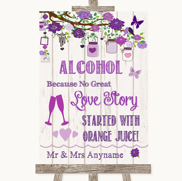 Purple Rustic Wood Alcohol Bar Love Story Personalized Wedding Sign