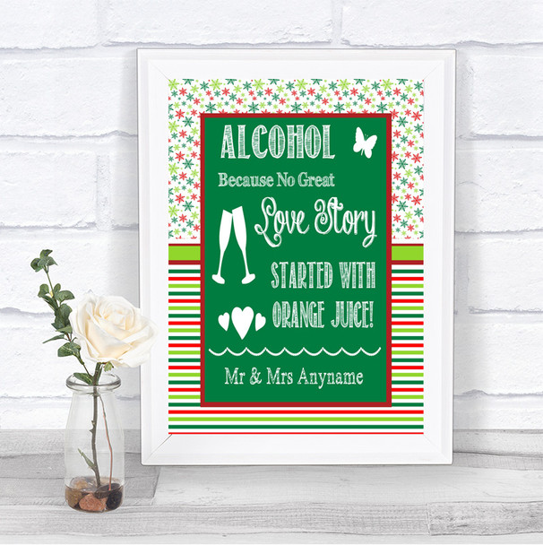 Red & Green Winter Alcohol Bar Love Story Personalized Wedding Sign