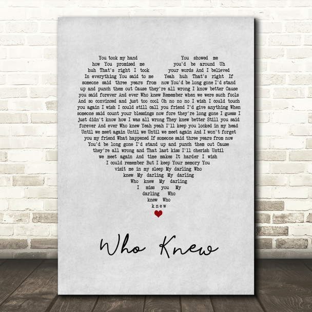 Pink Who Knew Grey Heart Song Lyric Print