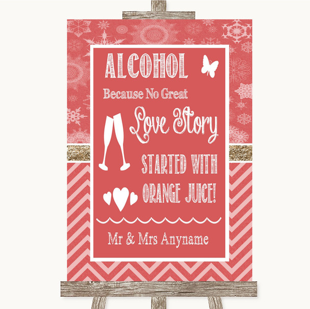 Red Winter Alcohol Bar Love Story Personalized Wedding Sign