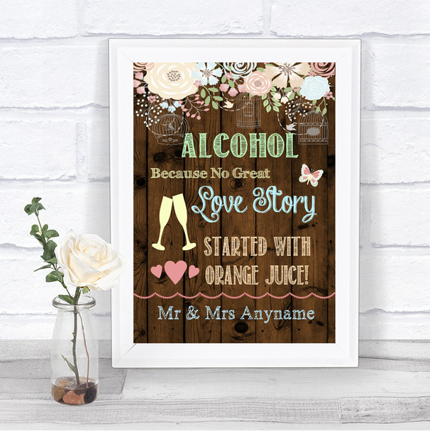 Rustic Floral Wood Alcohol Bar Love Story Personalized Wedding Sign