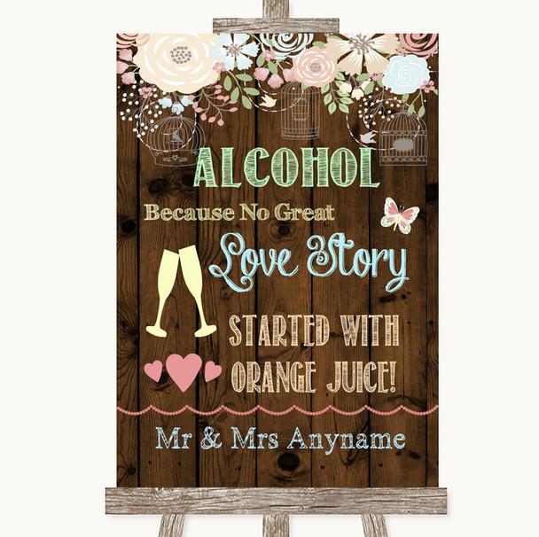 Rustic Floral Wood Alcohol Bar Love Story Personalized Wedding Sign