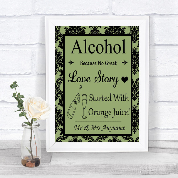 Sage Green Damask Alcohol Bar Love Story Personalized Wedding Sign