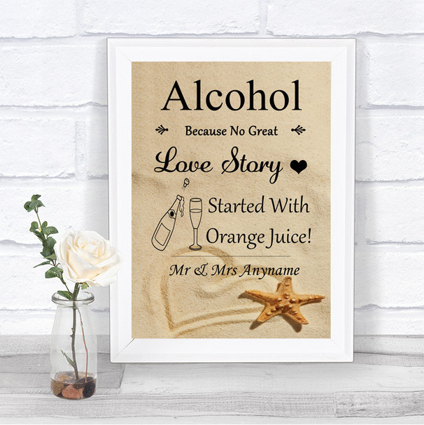 Sandy Beach Alcohol Bar Love Story Personalized Wedding Sign