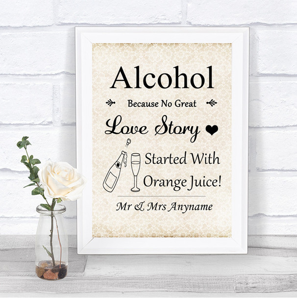 Shabby Chic Ivory Alcohol Bar Love Story Personalized Wedding Sign