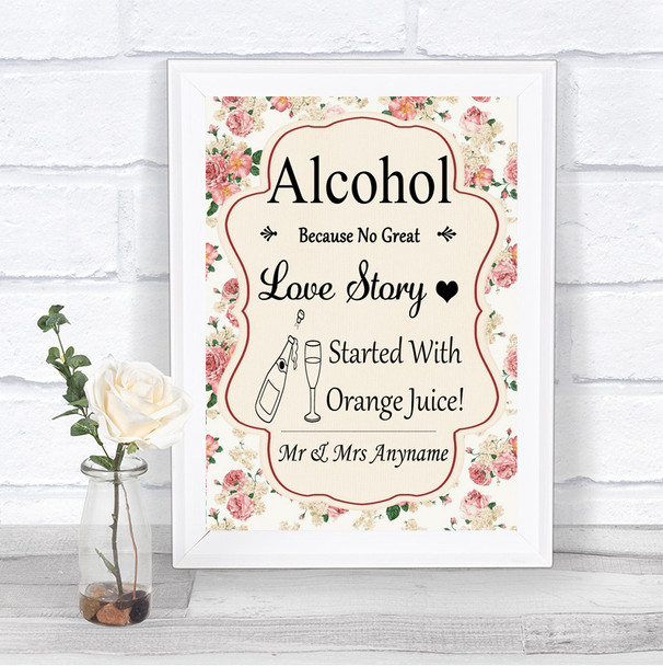 Vintage Roses Alcohol Bar Love Story Personalized Wedding Sign