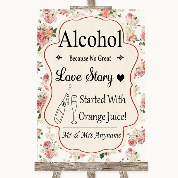 Vintage Roses Alcohol Bar Love Story Personalized Wedding Sign