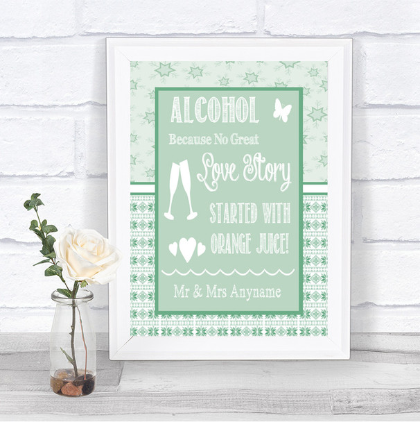 Winter Green Alcohol Bar Love Story Personalized Wedding Sign