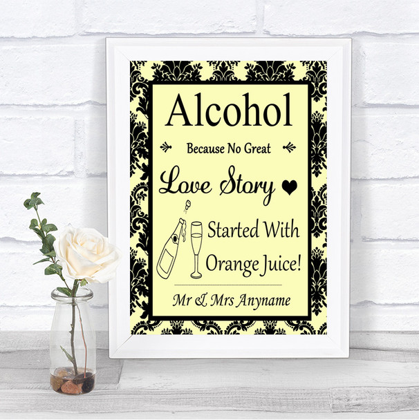 Yellow Damask Alcohol Bar Love Story Personalized Wedding Sign