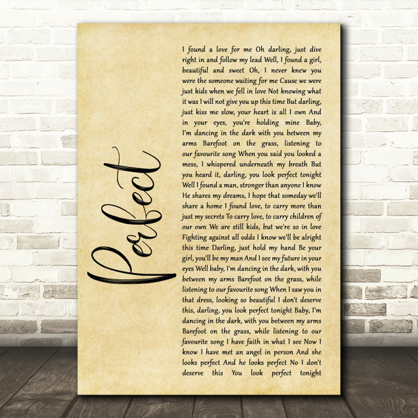 Ed Sheeran & Beyonce Perfect Rustic Script Song Lyric Print