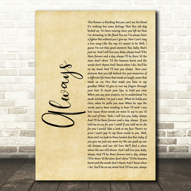 Bon Jovi Always Rustic Script Song Lyric Print