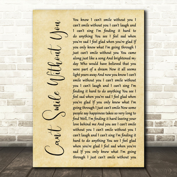 Barry Manilow Can't Smile Without You Rustic Script Song Lyric Print