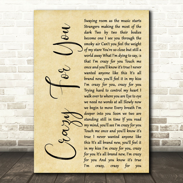 Madonna Crazy For You Rustic Script Song Lyric Print