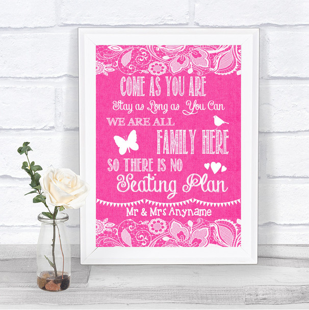 Bright Pink Burlap & Lace All Family No Seating Plan Personalized Wedding Sign