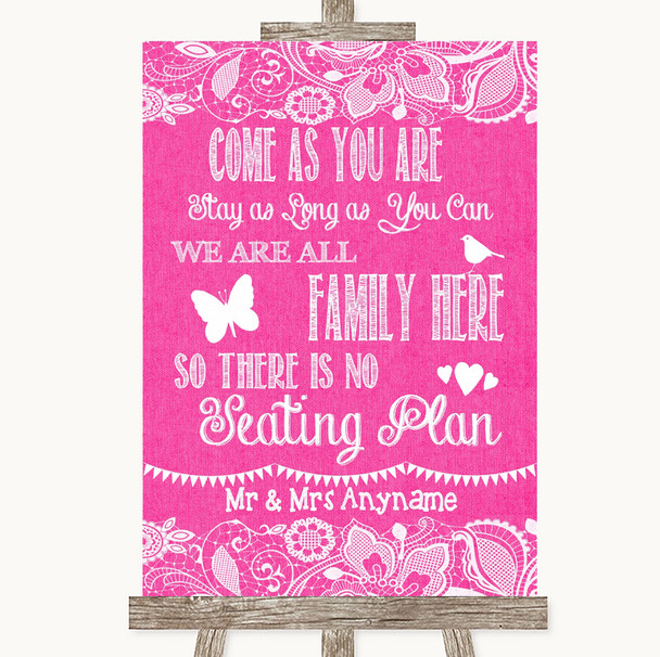 Bright Pink Burlap & Lace All Family No Seating Plan Personalized Wedding Sign
