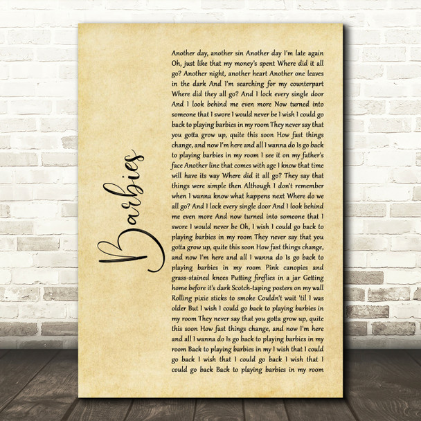 Pink Barbies Rustic Script Song Lyric Print