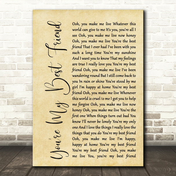 Queen You're My Best Friend Rustic Script Song Lyric Print