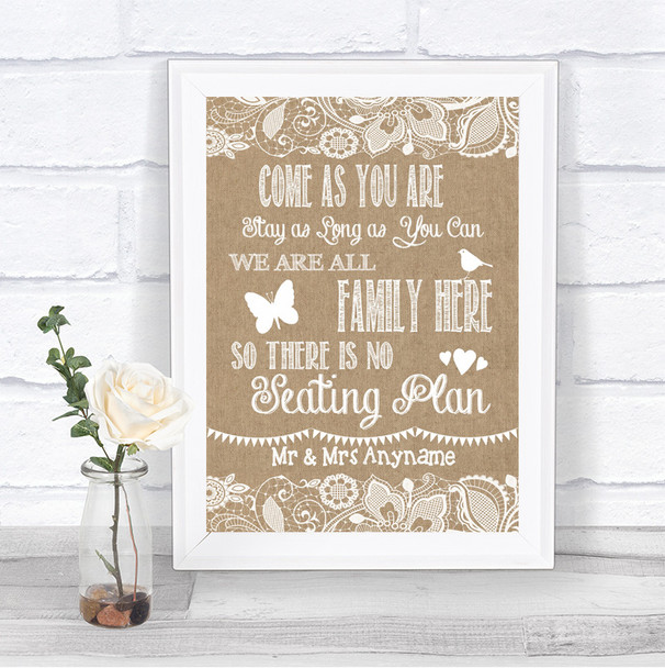 Burlap & Lace All Family No Seating Plan Personalized Wedding Sign