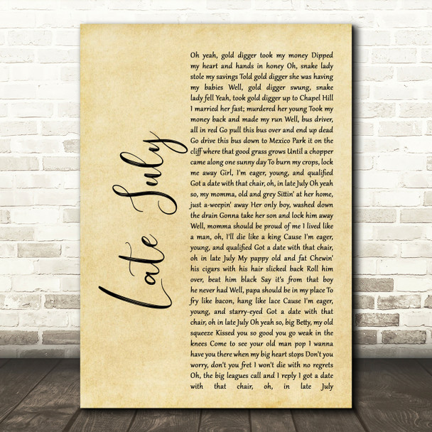 Shakey Graves Late July Rustic Script Song Lyric Print