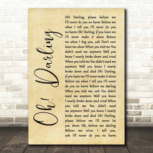 The Beatles Oh! Darling Rustic Script Song Lyric Print