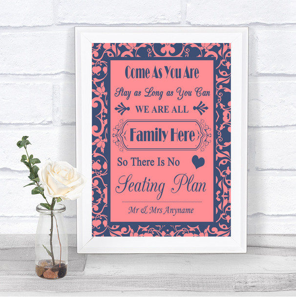 Coral Pink & Blue All Family No Seating Plan Personalized Wedding Sign