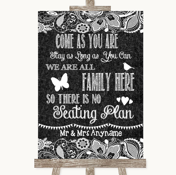 Dark Grey Burlap & Lace All Family No Seating Plan Personalized Wedding Sign