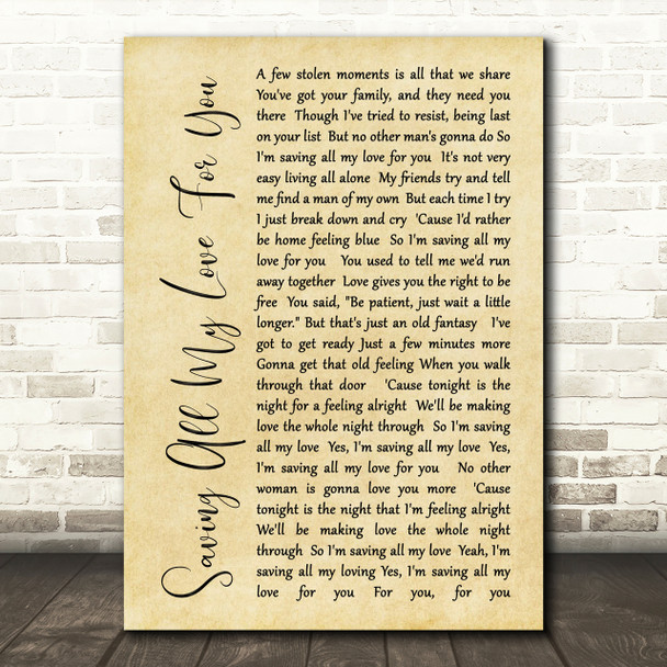 Whitney Houston Saving All My Love For You Rustic Script Song Lyric Print