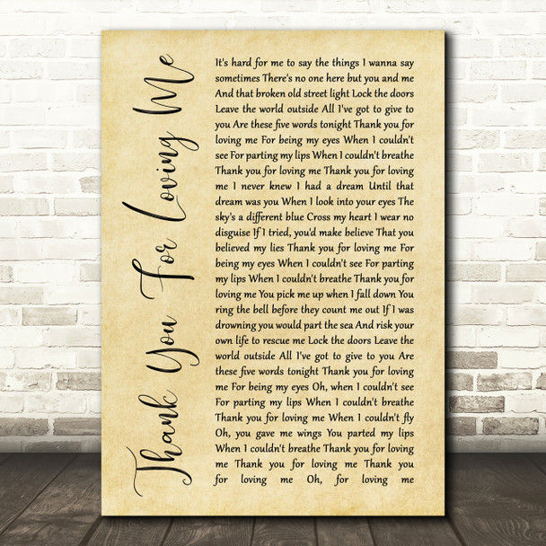 Bon Jovi Thank You For Loving Me Rustic Script Song Lyric Print
