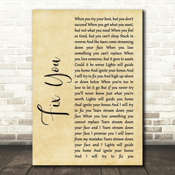 Coldplay Fix You Rustic Script Song Lyric Print