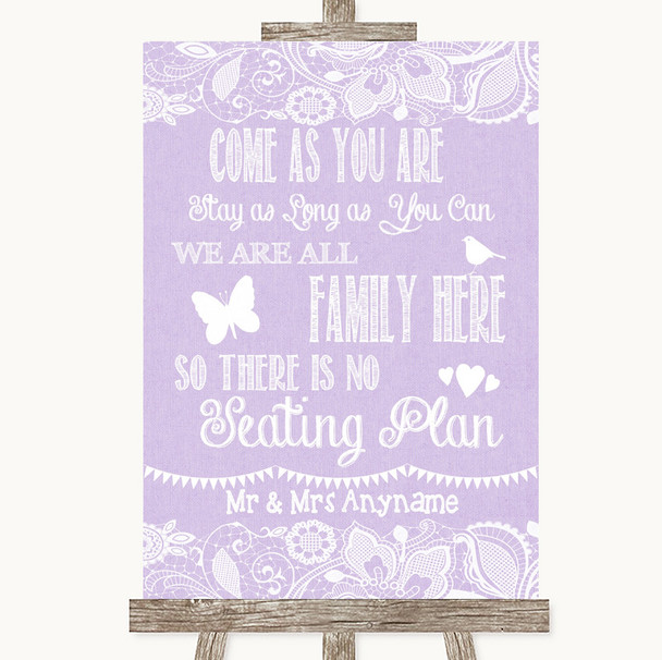 Lilac Burlap & Lace All Family No Seating Plan Personalized Wedding Sign